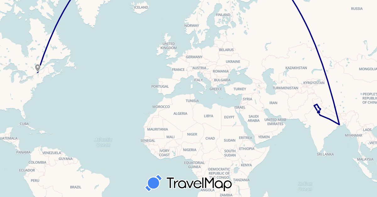 TravelMap itinerary: driving, plane in Canada, India (Asia, North America)